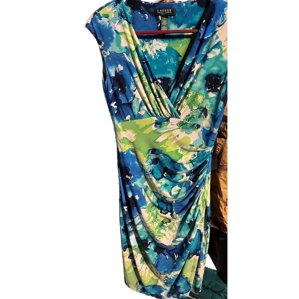 Lauren Ralph Lauren Blue Green Teal Floral Faux Wrap Sleeveless Dress Size 2